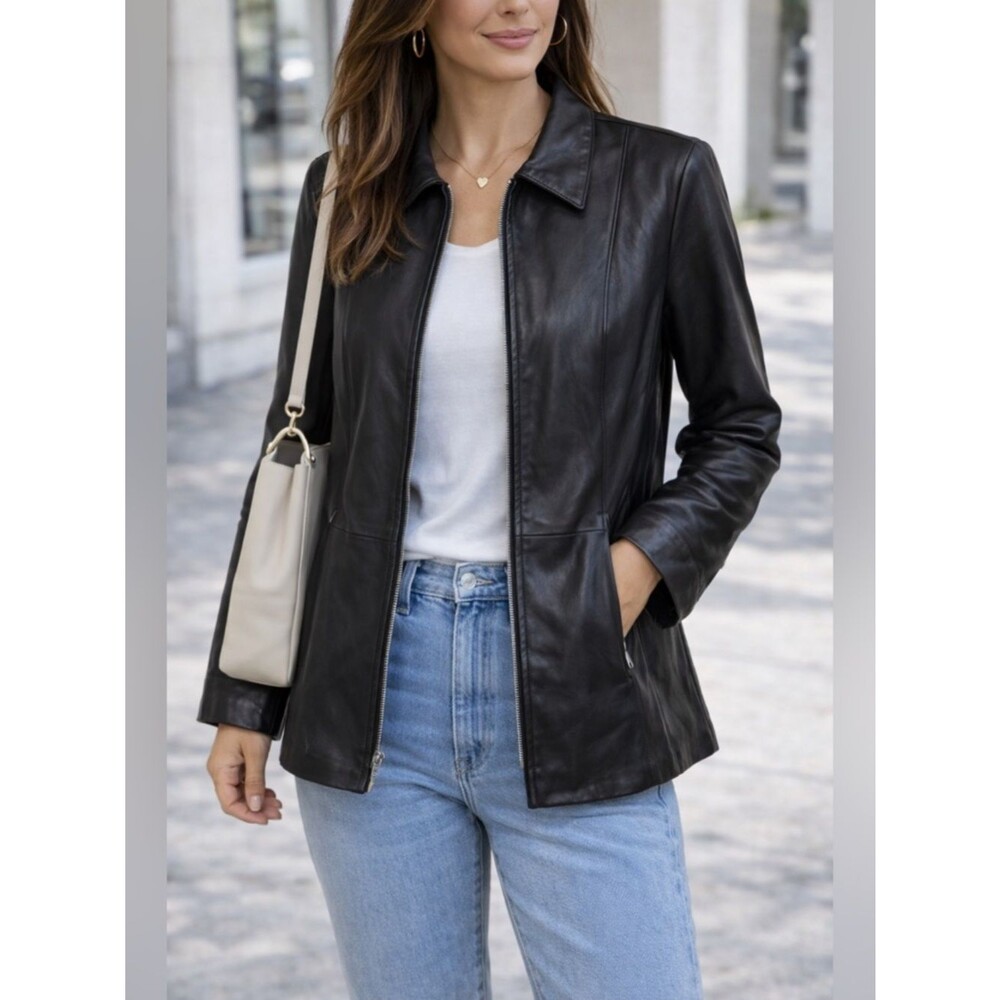 Genuine Leather Jacket Women Black Minimalist Zip Front Classic Large